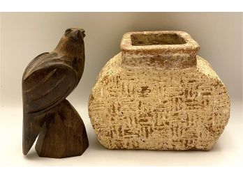 Wooden Falcon Figurine (7 Inches) Plus Ceramic Geometric Vase