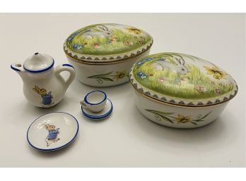 Easter Collectibles: Two Matching Music Boxes, Plus Miniature Peter Rabbit Tea Set