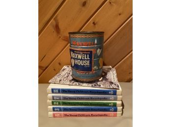 Vintage Britannica Childrens Encyclopedias, Plus Vintage Maxwell House Container