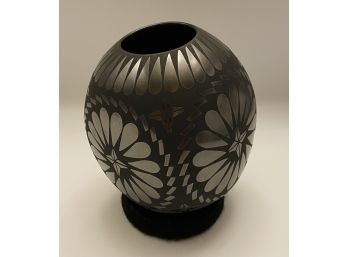 Mata Ortiz Blackware Pot By Jose Marin. Stands 5 Inches. Comes With Stand