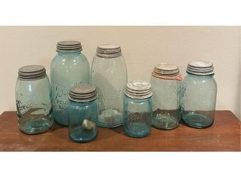 7 Antique Blue Colored Glass Mason Jars, Various Sizes