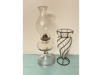 Vintage Glass Oil Lantern And Vase