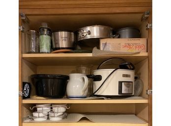 Cabinet Of Dishes Including Crock Pot