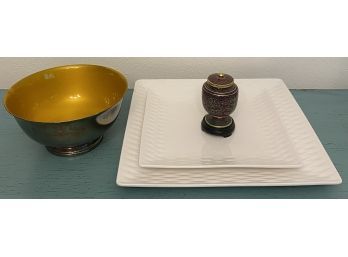 Silver Plate Bowl, White Square Plates, And Small Asian Inspired Vase