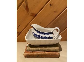 Antiques: (2) Hardcover Books, Gravy Boat, And Square Dish