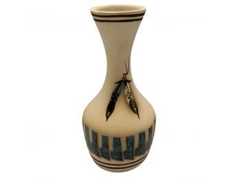 Gorgeous Native Vase With Feather Headdress Design Signed By Artist Marilyn. Stands 8 Inches