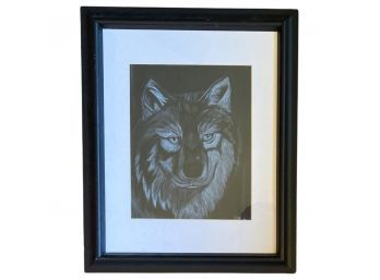 Wolf Sketch, White Color On Black Paper, In 13 X 16 Inch Frame