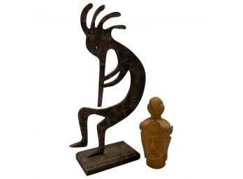 Ceramic Buddha Head And Kokopelli Table Statue