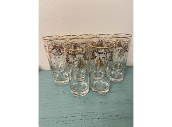 Gold Toned Etched Christmas Themed Drinking Glasses