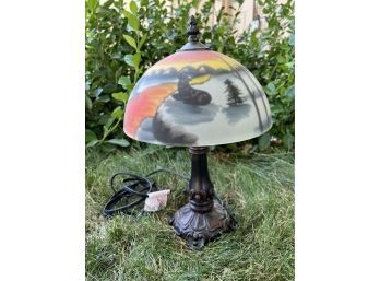 Decorative Metal Table Lamp With Scenic Winter Wolf Lampshade, 14 Inches Tall