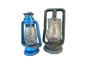 Vintage Blue And Green Metal Lanterns