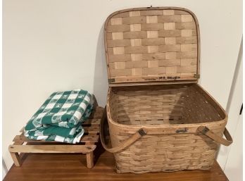 Picnic Kit With Basket, Blanket, And Wooden Stand