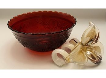 Royal Ruby Glass Bowl, Plus Beautiful Glass Blown Murano Flower Made In Italy