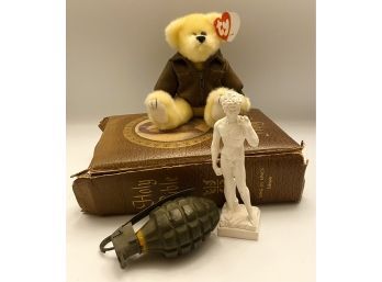 Unique Collectibles: Vintage Bible, TY Beanie Baby Baron, Grenade Paper Weight And More