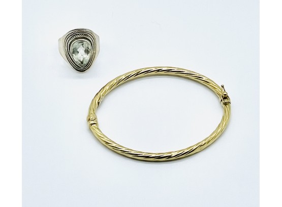 Sterling Ring With Gemstone, Stamped, 18 Karat Gold Bracelet, Made In Italy, Stamped 750