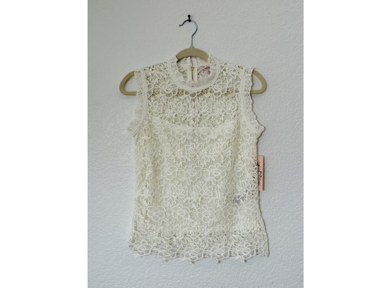 Nanette Lepore White Lace Zip Up Up Shirt With White Chiffon Underlay, Womens Size XS (25 Inches Long)