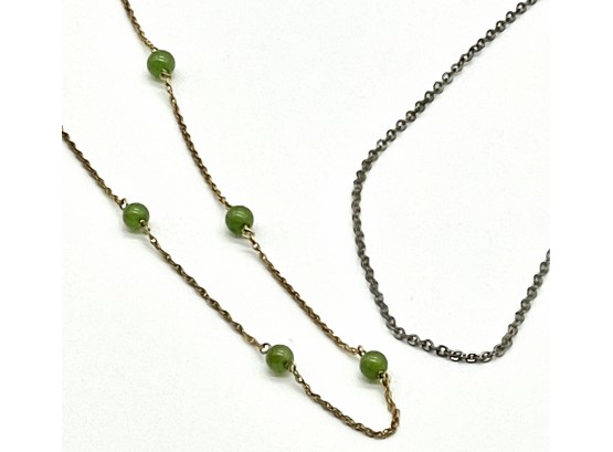 Two Chokers 720 Gold With Olive Green Gemstones, Silvertones Choker Has No Markings