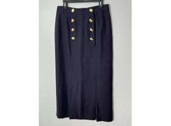 Louis Feraud Long Dark Blue Skirt With Nautical Buttons, Womens Size 6 (35 1/2 Inches Long)
