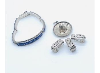 Sterling Earrings, Sombrero Pendant,  And Blue Gemstone Bracelet, Marked 925
