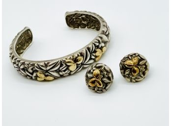Sterling Designer Goldtone Bracelet And Matching Pierced Earrings Stamped 325