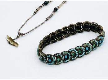 Beaded Silver Tone Choker With Bird Pendant, Tiny Turquoise Beads Elastic Band Bracelet