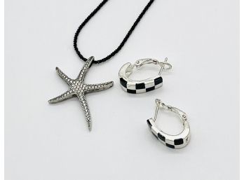 Sterling Star Pendant And Black Beaded Chain, Fabulous Checkered Pierced Earrings