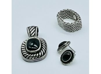 Sterling Ring Marked 925, Sterling Pierced Earrings Black Gemstone, Sterling Pendant 925, Black Gemstone
