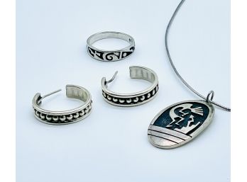 Sterling Pierced Hoop Earrings, Ring, Kokopelli Pendant And Chain