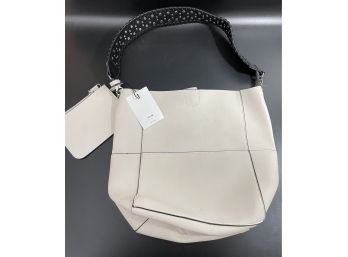 COLAB White Leather Handbag With Black Studded Shoulder Strap And Detachable Coin Purse. Original Tags!