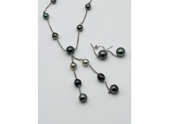Tahitian Pearls Necklace And Matching Gorgeous Dangling Pierced Earrings With Rhinestones