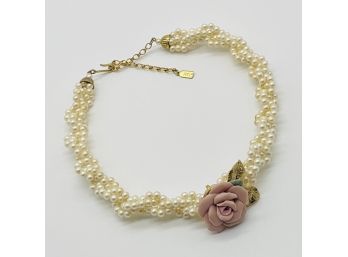 Adorable Pearl Style Choker With Delicate Dusty Rose And Leaves Accent