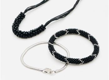 Black Beaded Choker, Silver Tone Bracelet With Rhinestones, Black/silver Bead Bracelet For Small Wrist