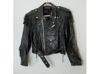 Black Leather Jacket With Fringe Details On The Arms From Kenar Studio. Womens Size S/m