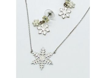 Sterling Chain With Sparkly Snowflake And Matching Pierced Snowflake Earrings