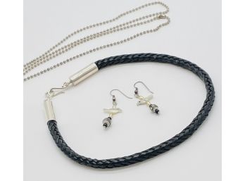 Black Leather Choker With Silver Tone Accents, Silver Tone Chain, Beaded Pierced Earrings With Doves