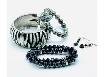 Dazzling Pewter-colored, Black & White Bangles & Bracelets Including Pierced Earrings