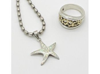 Sterling Star Pendant, Chain, Stamped, 920 Italy, Star Stamped 325, Bill Blass Designer Ring With Gold Tone