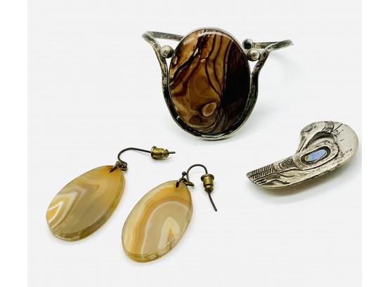 Silver Bracelet With Beautiful Gemstone, Pierced Earrings With Amber Beige Gemstone, Silver Bird Brooch.