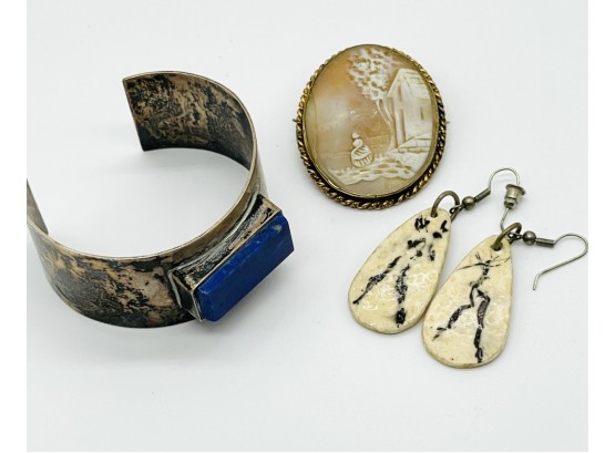 Silver Bracelet With Blue Gemstone, Cameo With Gold Tones, Pierced Earrings Tribal Figure, No Markings