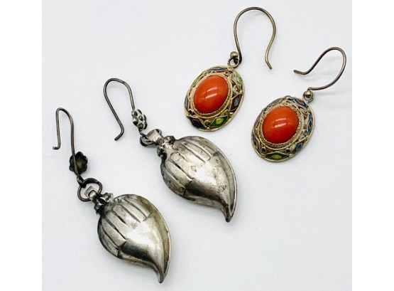 Silver Teardrop Earrings And Deep Orange Gemstone And Gold Tone Earrings. Silver Weight 10.54 G