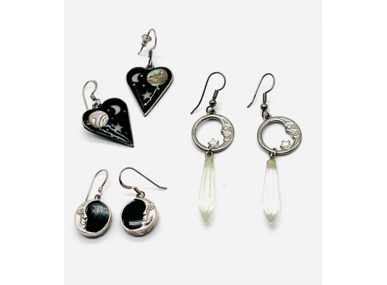Silver Earrings With Moon And Stars And Clear Crystal. Drop. Total Weight 17.46 G