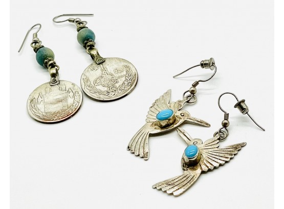 Silver Pierced Earrings Coins And Birds With Turquoise. Total Weight 21.25 G