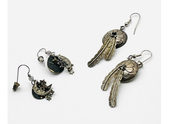 Silver Earrings Feathers And Moon And Stars With Black Gemstone. Total Weight 12.79 G