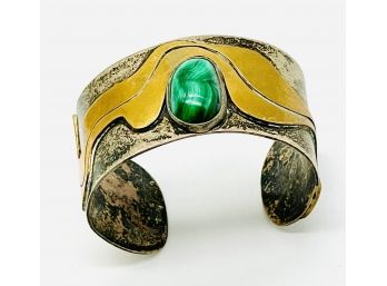 Silver Bracelet With Green Gemstone And Gold Tones. Total Weight 59.07 G