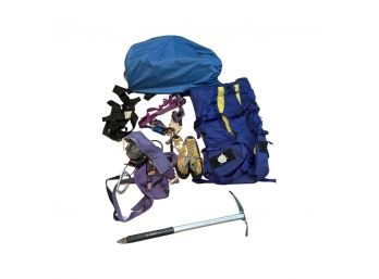 Assortment Of Hiking Gear! Includes Shoes, Ice Pick, Clips And Inflatable Mat