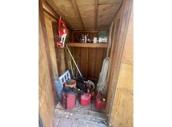 Various Tools, Including Trimmer, Gas Cans, Fencing, Window, Chemicals, Rope, Bucket, Cords,