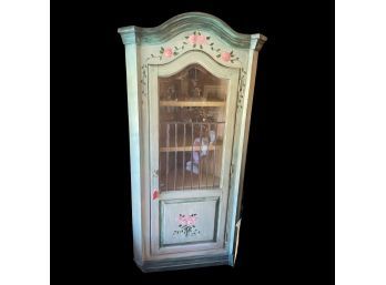 Green Pine Corner Cabinet With Leaded Glass Door! Hand Painted Flower Designs!