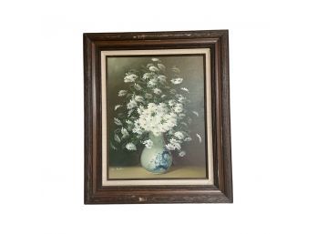 Stunning Framed Canvas Painting Of White Daisies In Intricate Blue Vase. Signed By W. Austin