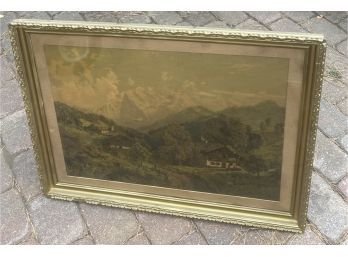 Print Of Mountain Landscape And Small Village. Ornate Frame With Glass