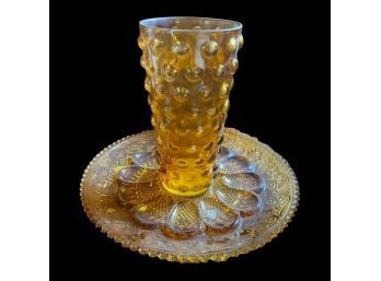 Amber Glass Vase And Tray